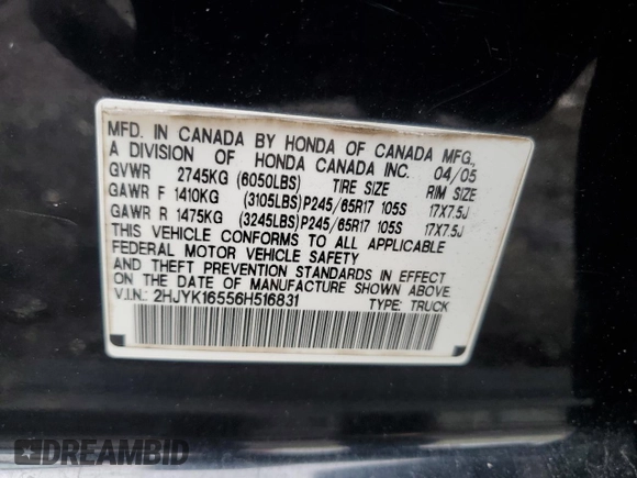2006 Honda Ridgeline RTL with VIN 2HJYK16556H516831, listed as a Copart auction lot 52896565 with 211,504 mi miles and Salvage Title. Bid and sale history available at carsss.com. Image 12.