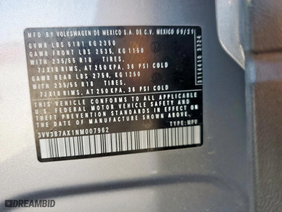 2022 Volkswagen Tiguan SE with VIN 3VV3B7AX1NM007962, listed as a Copart auction lot 46371495 with 65,239 mi miles and Salvage Title. Bid and sale history available at carsss.com. Image 14.