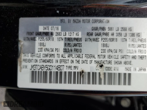 2016 Mazda CX-9 Sport with VIN JM3TCABY5G0114607, listed as a Copart auction lot 44568595 with 46,592 mi miles and Salvage Title. Bid and sale history available at carsss.com. Image 13.