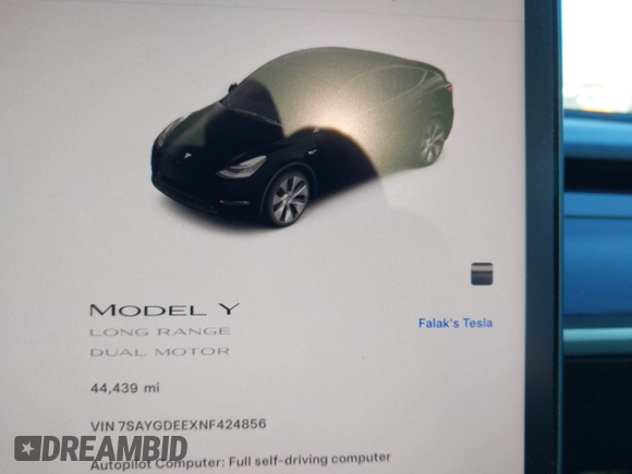 2022 Tesla Model Y Long Range with VIN 7SAYGDEEXNF424856, listed as a IAAI auction lot 41059718 with 44,439 mi miles and . Bid and sale history available at carsss.com. Image 19.