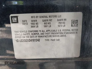 2013 Chevrolet Sonic LT with VIN 1G1JC6SG5D4181242, listed as a IAAI auction lot 42082724 with 184,463 mi miles. Bid and sale history available at carsss.com. Image 9.