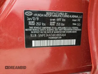 2019 Hyundai Sonata SEL with VIN 5NPE34AF4KH805464, listed as a Copart auction lot 50806735 with 73,112 mi miles and Salvage Title. Bid and sale history available at DreamBid. Image 13.