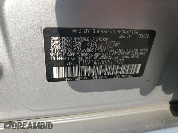 2019 Subaru WRX with VIN JF1VA1A67K9813478, listed as a Copart auction lot 84917174 with 118,957 mi miles and Salvage title. Bid and sale history available at DreamBid. Image 14.