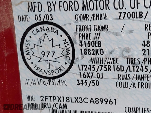 2003 Ford F-150 XL with VIN 2FTPX18LX3CA89961, listed as a IAAI auction lot 41901357 with 199,708 mi miles. Bid and sale history available at carsss.com. Image 9.