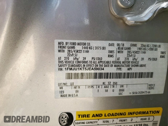 2018 Ford Expedition Limited with VIN 1FMJU1KT5JEA59034, listed as a Copart auction lot 60068325 with 98,898 mi miles and Salvage title. Bid and sale history available at DreamBid. Image 13.