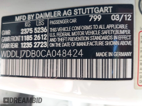 2012 Mercedes-Benz CLS 550 with VIN WDDLJ7DB0CA048424, listed as a IAAI auction lot 42587502 with 152,671 mi miles and . Bid and sale history available at DreamBid. Image 9.