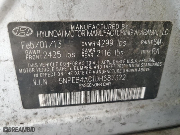 2013 Hyundai Sonata GLS with VIN 5NPEB4AC1DH687322, listed as a Copart auction lot 70328244 with 0 mi miles and Salvage Title. Bid and sale history available at carsss.com. Image 12.