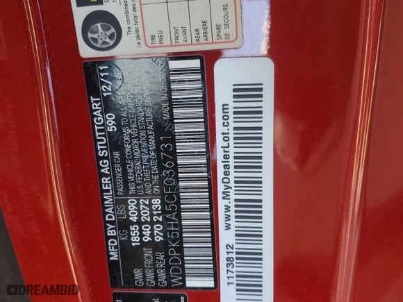 2012 Mercedes-Benz SLK-Class SLK 350 with VIN WDDPK5HA5CF036731, listed as a Copart auction lot 85322314 with 59,548 mi miles and Salvage Title. Bid and sale history available at carsss.com. Image 12.