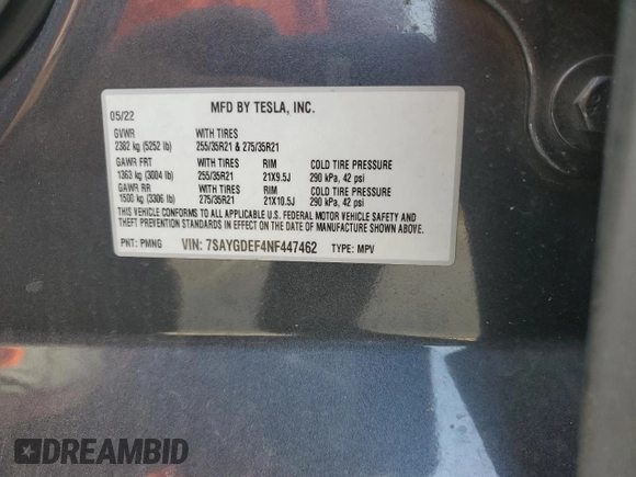 2022 Tesla Model Y Performance with VIN 7SAYGDEF4NF447462, listed as a Copart auction lot 58306595 with 61,671 mi miles and Non repairable. Bid and sale history available at DreamBid. Image 13.