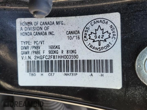 2017 Honda Civic EX with VIN 2HGFC2F81HH003590, listed as a Copart auction lot 53337565 with 218,496 mi miles and Clean Title. Bid and sale history available at DreamBid. Image 12.