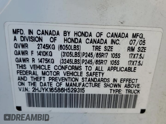 2006 Honda Ridgeline RTL with VIN 2HJYK16586H529315, listed as a Copart auction lot 75288364 with 161,944 mi miles and Salvage Title. Bid and sale history available at carsss.com. Image 14.