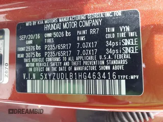 2017 Hyundai Santa Fe 2.4L z VIN 5XYZUDLB1HG463416, wystawiony jako IAAI lot #42546637 z przebiegiem 81 963 mil mil oraz . Historia ofert i sprzedaży dostępna na DreamBid. Obrazek 9.