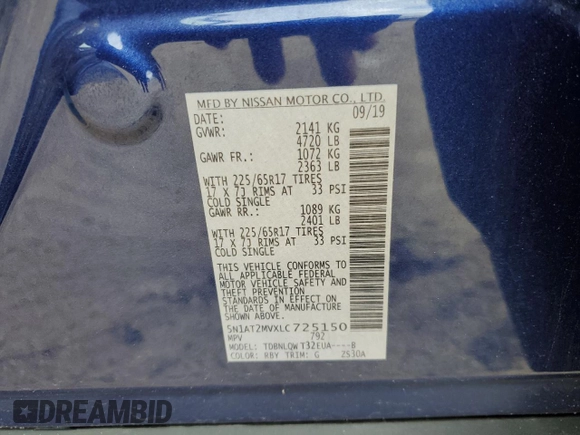 2020 Nissan Rogue S with VIN 5N1AT2MVXLC725150, listed as a Copart auction lot 47430394 with 41,336 mi miles and Salvage Title. Bid and sale history available at DreamBid. Image 12.