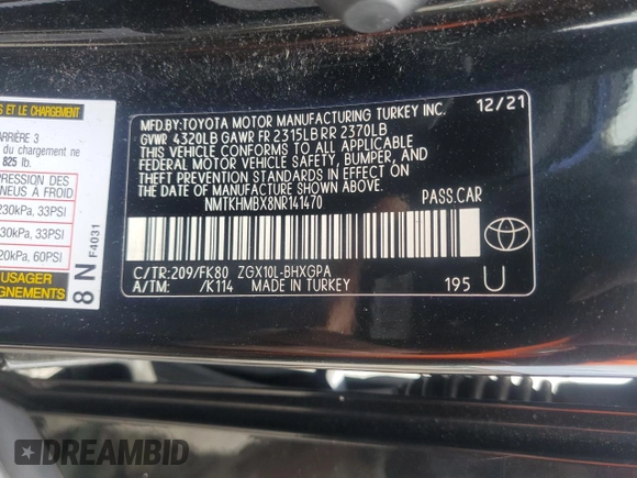 2022 Toyota C-HR XLE z VIN NMTKHMBX8NR141470, wystawiony jako Copart lot #55233465 z przebiegiem 35 900 mil mil oraz Szkoda całkowita • Salvage title. Historia ofert i sprzedaży dostępna na DreamBid. Obrazek 13.