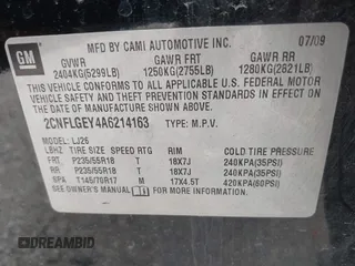 2010 Chevrolet Equinox LTZ with VIN 2CNFLGEY4A6214163, listed as a IAAI auction lot 42122999 with Not Provided miles and . Bid and sale history available at DreamBid. Image 9.