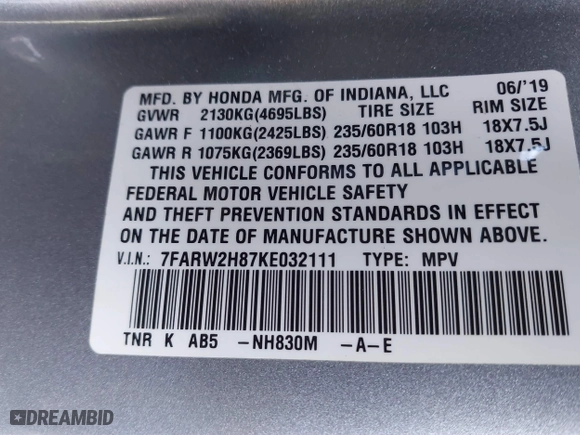 2019 Honda CR-V EX-L with VIN 7FARW2H87KE032111, listed as a IAAI auction lot 41757203 with 60,607 mi miles. Bid and sale history available at carsss.com. Image 9.