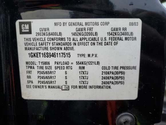 2004 GMC Envoy XL SLE with VIN 1GKET16S946117515, listed as a Copart auction lot 43554475 with 0 mi miles and Salvage Title. Bid and sale history available at carsss.com. Image 15.