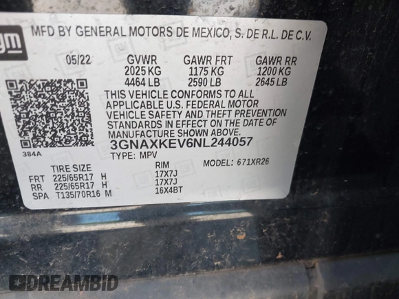 2022 Chevrolet Equinox LT with VIN 3GNAXKEV6NL244057, listed as a IAAI auction lot 42238411 with 46,038 mi miles and . Bid and sale history available at DreamBid. Image 9.