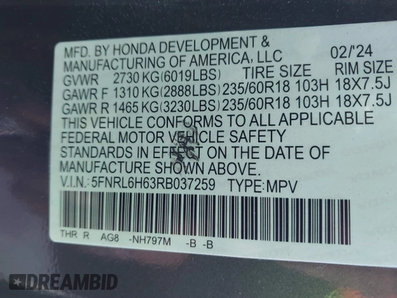 2024 Honda Odyssey EX-L with VIN 5FNRL6H63RB037259, listed as a IAAI auction lot 41665850 with 2,710 mi miles and . Bid and sale history available at DreamBid. Image 9.