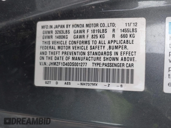 2013 Honda CR-Z with VIN JHMZF1D40DS001277, listed as a IAAI auction lot 41352871 with 81,423 mi miles. Bid and sale history available at carsss.com. Image 9.
