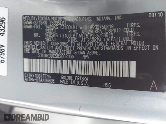 2011 Toyota Sienna SE with VIN 5TDXK3DC5BS062055, listed as a IAAI auction lot 42140951 with 141,539 mi miles and . Bid and sale history available at DreamBid. Image 9.