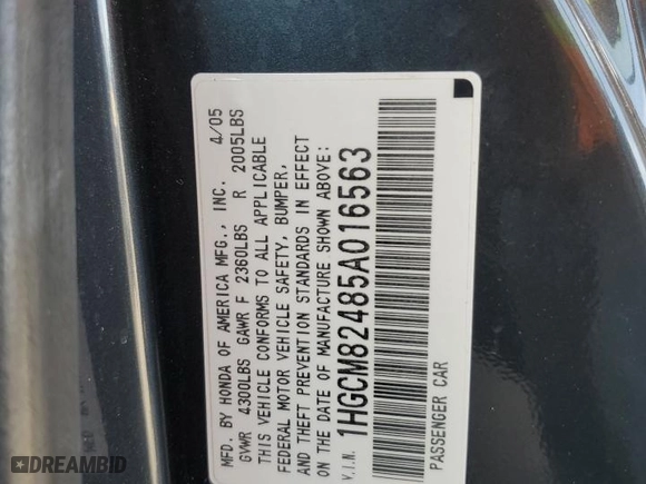 2005 Honda Accord Cpe LX V6 SE with VIN 1HGCM82485A016563, listed as a Copart auction lot 46182185 with 205,572 mi miles and Non Repairable. Bid and sale history available at carsss.com. Image 12.