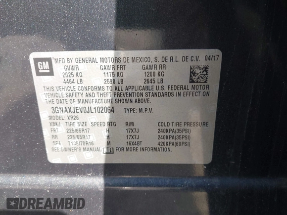 2018 Chevrolet Equinox LT with VIN 3GNAXJEV0JL102064, listed as a IAAI auction lot 41976644 with 61,541 mi miles. Bid and sale history available at carsss.com. Image 9.