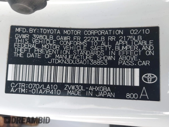 2010 Toyota Prius II with VIN JTDKN3DU3A0138853, listed as a IAAI auction lot 41847622 with 171,773 mi miles. Bid and sale history available at carsss.com. Image 9.