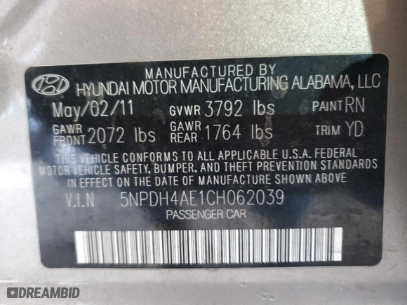 2012 Hyundai Elantra Limited with VIN 5NPDH4AE1CH062039, listed as a Copart auction lot 45920445 with 137,493 mi miles and Salvage Title. Bid and sale history available at carsss.com. Image 12.