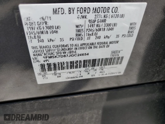 2018 Ford Explorer XLT с VIN 1FM5K7D87JGC24654, выставлен на аукционе Copart как лот 61004765 с пробегом 81 096 миль миль и Списание • Salvage title. История ставок и продаж доступна на DreamBid. Изображение 14.