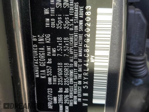 2023 Kia Sorento S with VIN 5XYRL4LC8PG202083, listed as a Copart auction lot 45866825 with 17,800 mi miles and Salvage Title. Bid and sale history available at DreamBid. Image 12.