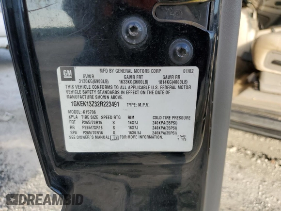 2002 GMC Yukon SLT with VIN 1GKEK13Z32R223491, listed as a Copart auction lot 69655684 with 210,705 mi miles and Salvage Title. Bid and sale history available at carsss.com. Image 15.