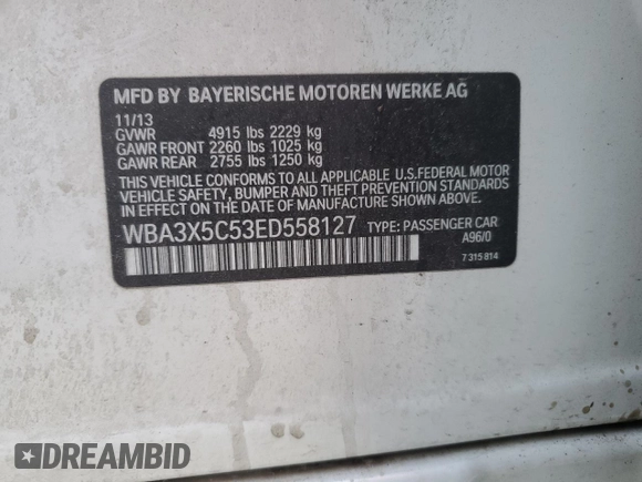 2014 BMW 3 Series 328i Gran Turismo xDrive z VIN WBA3X5C53ED558127, wystawiony jako Copart lot #56563085 z przebiegiem Nie podano mil oraz Nie do naprawy • Non repairable. Historia ofert i sprzedaży dostępna na DreamBid. Obrazek 13.