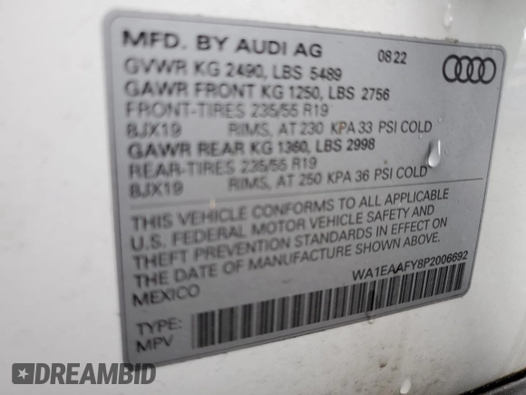 2023 Audi Q5 S line Premium Plus with VIN WA1EAAFY8P2006692, listed as a Copart auction lot 60846465 with 20,787 mi miles and Salvage title. Bid and sale history available at DreamBid. Image 14.