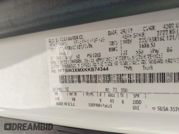 2019 Ford Transit с VIN 1FTBW3XMXKKB74344, выставлен на аукционе IAAI как лот 42131484 с пробегом 181 395 миль миль и . История ставок и продаж доступна на DreamBid. Изображение 9.