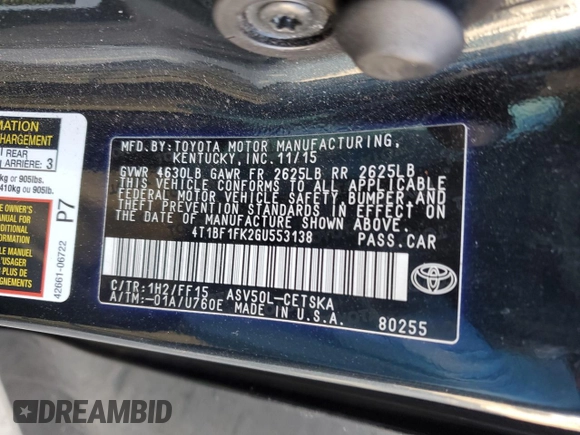 2016 Toyota Camry XLE with VIN 4T1BF1FK2GU553138, listed as a Copart auction lot 42605065 with 85,677 mi miles and Salvage Title. Bid and sale history available at DreamBid. Image 12.