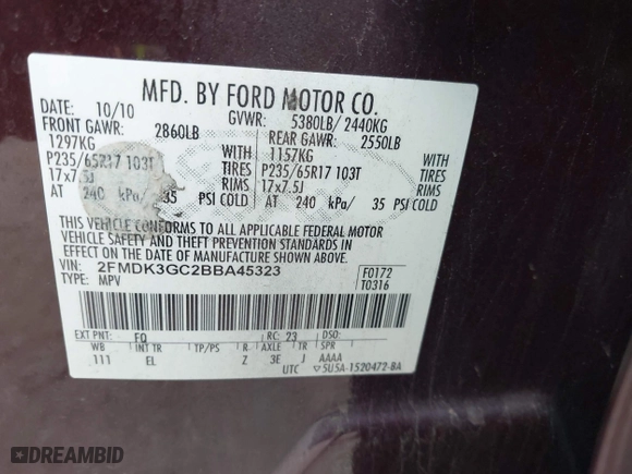 2011 Ford Edge SE with VIN 2FMDK3GC2BBA45323, listed as a IAAI auction lot 41928577 with 132,035 mi miles. Bid and sale history available at carsss.com. Image 9.