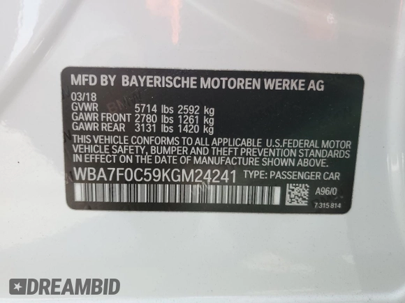 2019 BMW 7 Series 750i with VIN WBA7F0C59KGM24241, listed as a Copart auction lot 45171345 with 60,443 mi miles and Salvage title. Bid and sale history available at DreamBid. Image 13.