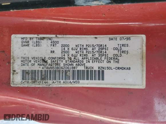 1995 Toyota Tacoma with VIN 4TAUN53B0SZ061887, listed as a Copart auction lot 57708685 with 281,658 mi miles and Clean title. Bid and sale history available at DreamBid. Image 12.