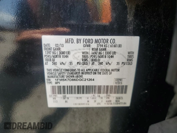 2013 Ford Explorer XLT with VIN 1FM5K7D86DGC21264, listed as a Copart auction lot 55106555 with 146,983 mi miles and Clean Title. Bid and sale history available at DreamBid. Image 13.