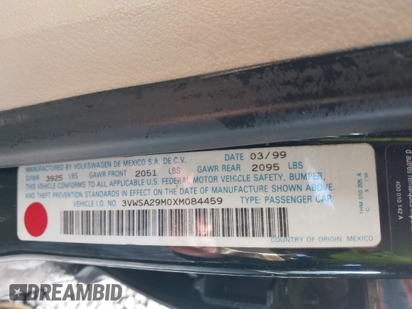 1999 Volkswagen Jetta GLS with VIN 3VWSA29M0XM084459, listed as a IAAI auction lot 41170665 with 76,790 mi miles and . Bid and sale history available at DreamBid. Image 9.