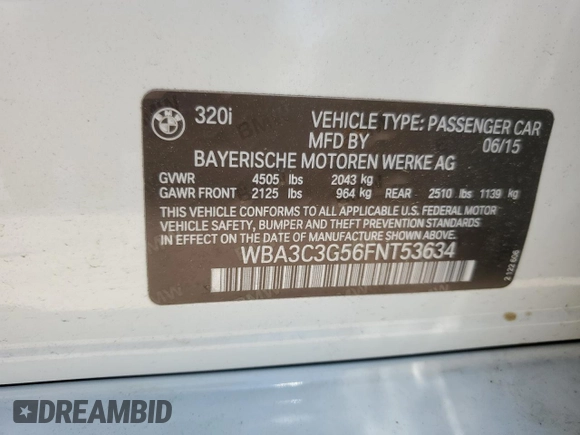 2015 BMW 3 Series 320i xDrive with VIN WBA3C3G56FNT53634, listed as a Copart auction lot 62180485 with 51,278 mi miles and Clean title. Bid and sale history available at DreamBid. Image 13.