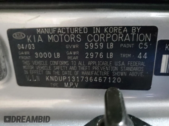 2003 Kia Sedona LX with VIN KNDUP131736467120, listed as a Copart auction lot 61992234 with 133,222 mi miles and Salvage Title. Bid and sale history available at carsss.com. Image 13.
