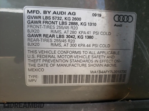 2020 Audi SQ5 Premium Plus with VIN WA1B4AFY7L2015730, listed as a Copart auction lot 60477453 with 36,680 mi miles and . Bid and sale history available at DreamBid. Image 13.