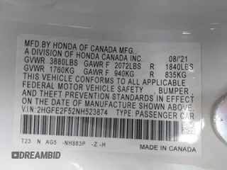 2022 Honda Civic Sedan Sport with VIN 2HGFE2F52NH523874, listed as a IAAI auction lot 41579785 with 1 mi miles. Bid and sale history available at carsss.com. Image 9.