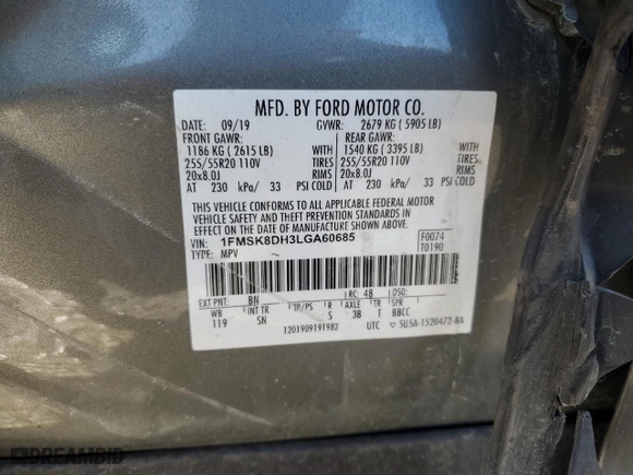 2020 Ford Explorer XLT with VIN 1FMSK8DH3LGA60685, listed as a Copart auction lot 46791055 with NaN miles and Salvage Title. Bid and sale history available at carsss.com. Image 15.