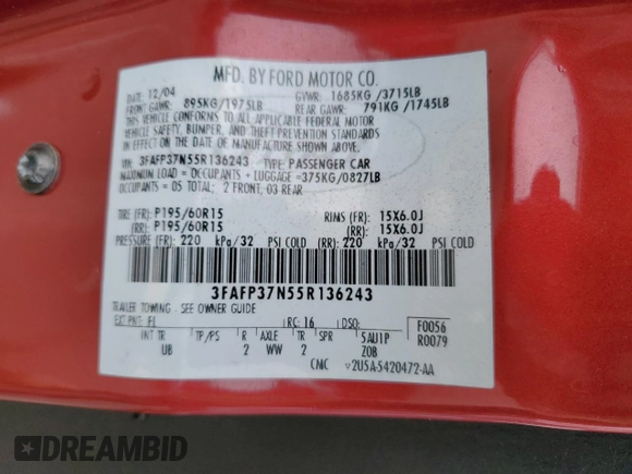 2005 Ford Focus S with VIN 3FAFP37N55R136243, listed as a Copart auction lot 49668445 with 144,211 mi miles and Salvage Title. Bid and sale history available at carsss.com. Image 12.