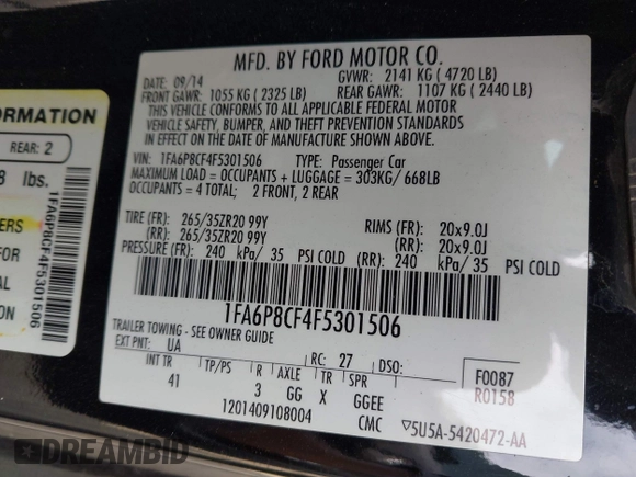 2015 Ford Mustang GT with VIN 1FA6P8CF4F5301506, listed as a IAAI auction lot 41912167 with 59,763 mi miles and . Bid and sale history available at carsss.com. Image 9.