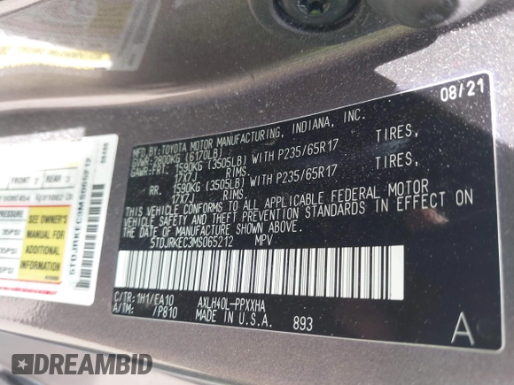 2021 Toyota Sienna XLE with VIN 5TDJRKEC3MS065212, listed as a IAAI auction lot 42086801 with 22,602 mi miles and . Bid and sale history available at DreamBid. Image 9.