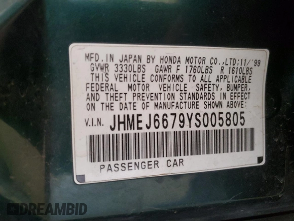 2000 Honda Civic LX with VIN JHMEJ6679YS005805, listed as a Copart auction lot 49810095 with 224,984 mi miles and Salvage Title. Bid and sale history available at DreamBid. Image 13.